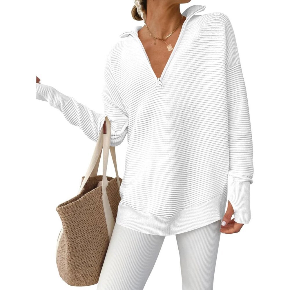 Womens Knit Sweater V Neck Long Sleeve Zipper Pullover Casual Loose Fit